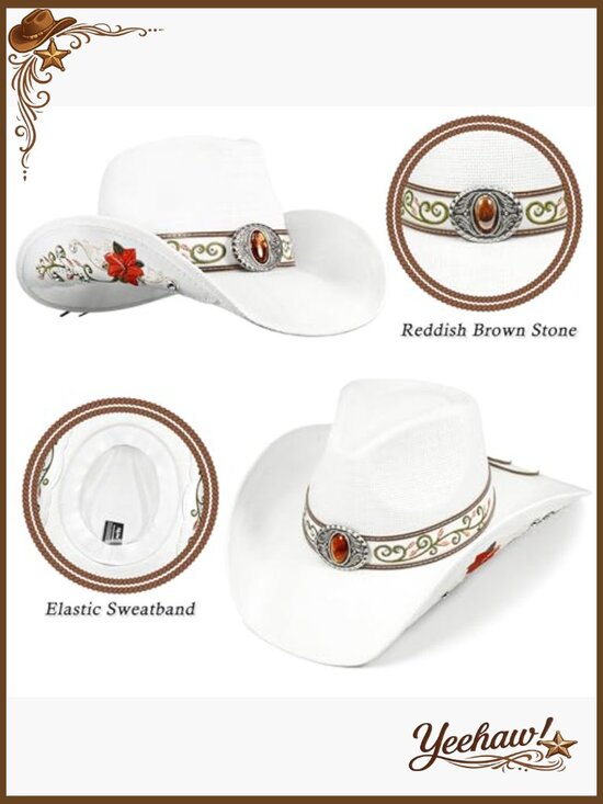 Embroidered Straw Cowboy Hat Adjustable Sizes Western Floral Design main image 5